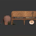 Wicker Sofa With Cushions Clay Pot Small Bucket Shovel Bottles And Banjo