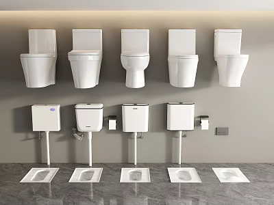 Various White Toilet Designs Including Wall Mounted And Squatting Pan Models 3d model