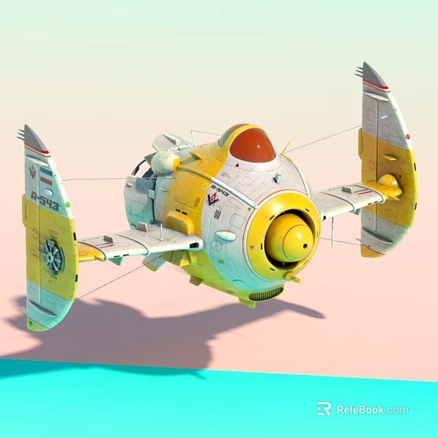 Yellow Vintage Futuristic Spaceship With Dome Cockpit And Streamlined White Wings 3d model 