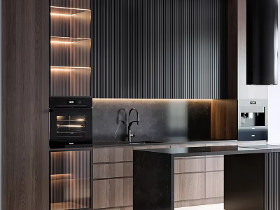 Modern Kitchen With Wooden Cabinets Open Shelves And Integrated Appliances 3d model