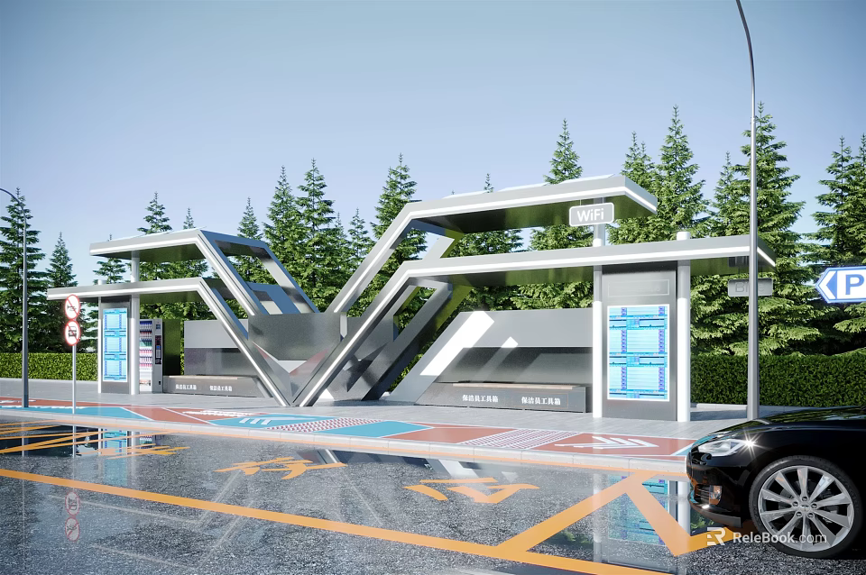 Modern Urban Bus Station With Geometric Roof Structure Information Boards Wet Pavement And Green Trees 3d model 
