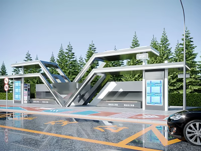 Modern Urban Bus Station With Geometric Roof Structure Information Boards Wet Pavement And Green Trees 3d model