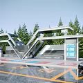Modern Urban Bus Station With Geometric Roof Structure Information Boards Wet Pavement And Green Trees