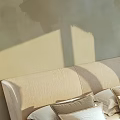 Modern Double Bed Interior Design With Beige Headboard Striped Quilt Nightstand And Window Bench