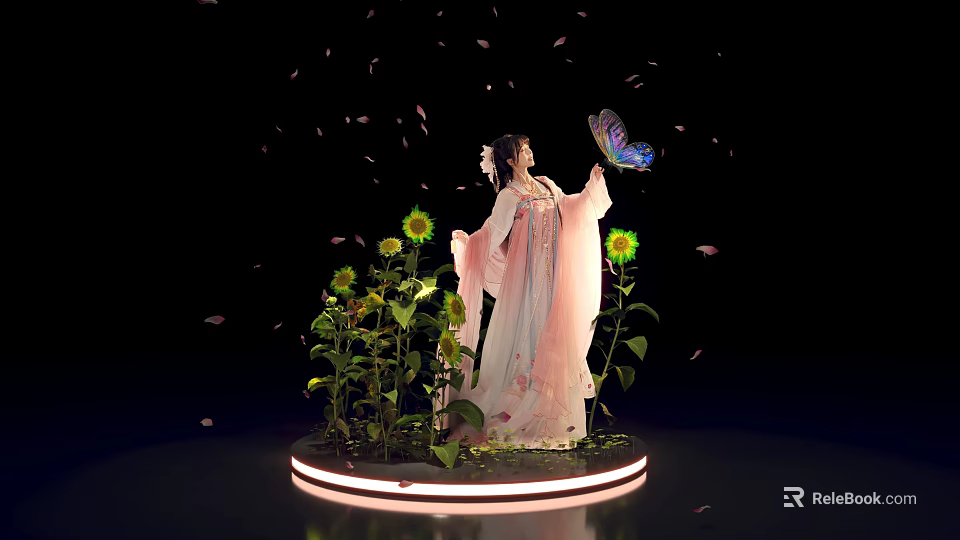 Elegant Woman in Pink Dress with Butterfly Sunflowers and Falling Petals on Illuminated Circular Platform 3d model 