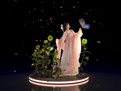 Elegant Woman in Pink Dress with Butterfly Sunflowers and Falling Petals on Illuminated Circular Platform 3d model