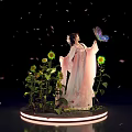 Elegant Woman in Pink Dress with Butterfly Sunflowers and Falling Petals on Illuminated Circular Platform