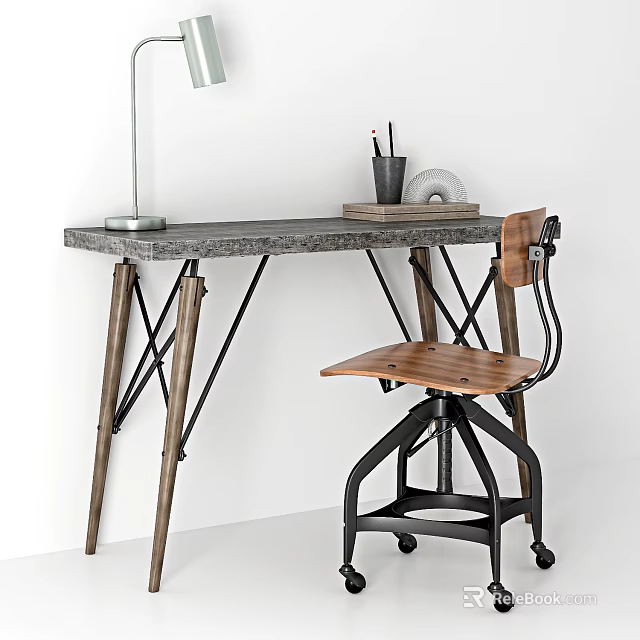 Modern Desk With Marble Top Wooden Metal Legs Table Lamp Pencil Holder And Stool 3d model 