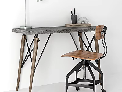Modern Desk With Marble Top Wooden Metal Legs Table Lamp Pencil Holder And Stool 3d model