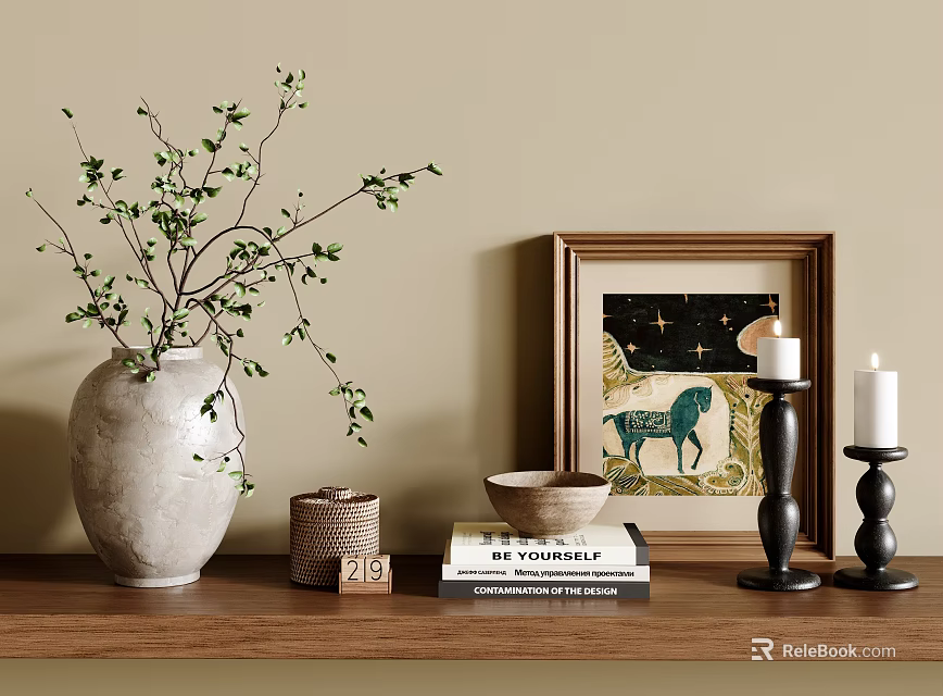 Decorative Ornament Set With Ceramic Vase Green Branch Framed Art Candle Books And Bowl 3d model 