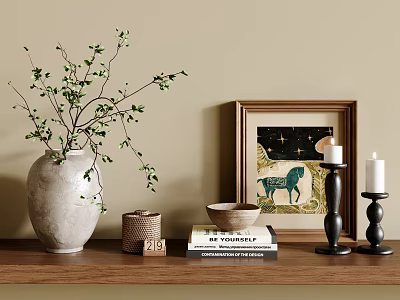 Decorative Ornament Set With Ceramic Vase Green Branch Framed Art Candle Books And Bowl 3d model