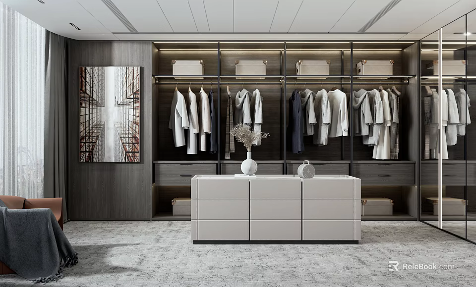 Modern Closet Interior Design Featuring Hanging Clothes Drawers And Decorative Painting 3d model 
