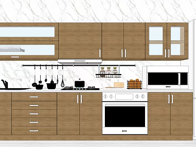 Modern Wooden Kitchen Cabinets With Upper Lower Storage Oven Microwave And Cooking Utensils 3d model