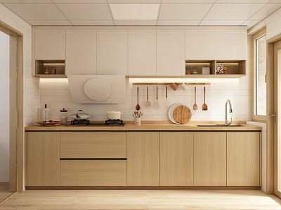 Minimalist Modern Kitchen Interior With Light Wood Cabinets Hanging Utensils And Natural Light 3d model