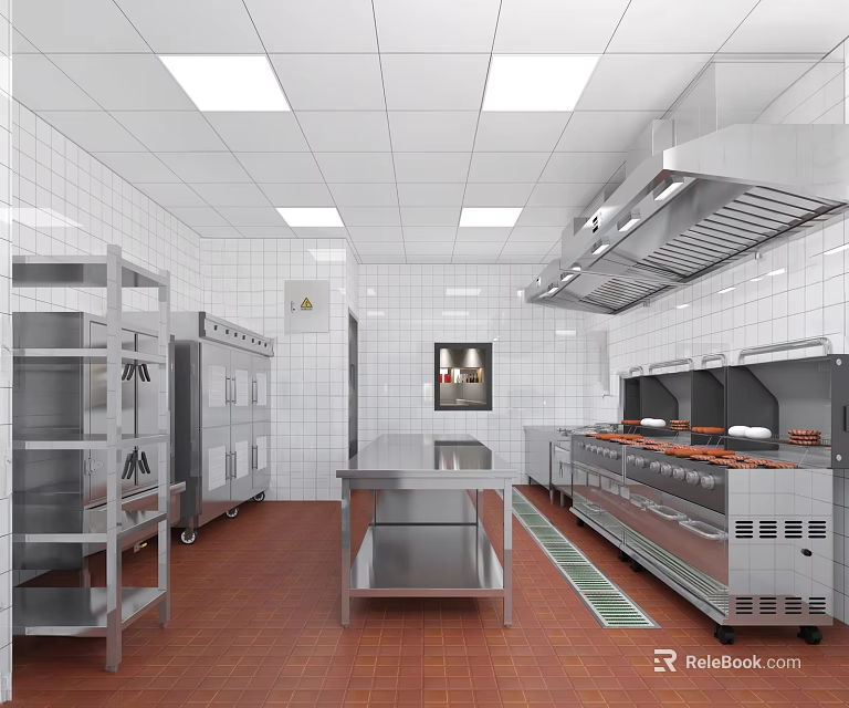 Commercial Kitchen With Stainless Steel Appliances Ventilation Hood And Workbench Setup 3d model 
