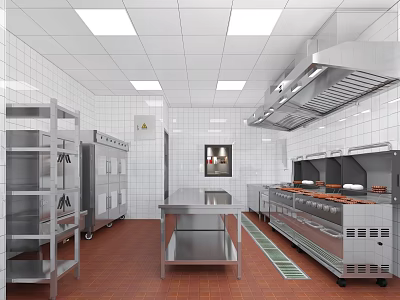 Commercial Kitchen With Stainless Steel Appliances Ventilation Hood And Workbench Setup 3d model