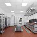 Commercial Kitchen With Stainless Steel Appliances Ventilation Hood And Workbench Setup