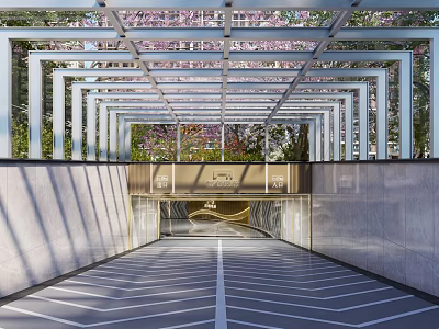 Underground Road Facility With Glass Roof Purple Flowers White Pillars Arrow Lines And City Link 3d model
