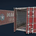 Red Commercial Shipping Containers With MANEIRISMO SEA Branding Open Doors And Interior Storage Space