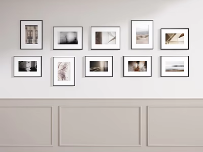 Stylish Photo Wall Display With Multiple Framed Pictures On Beige Wall 3d model