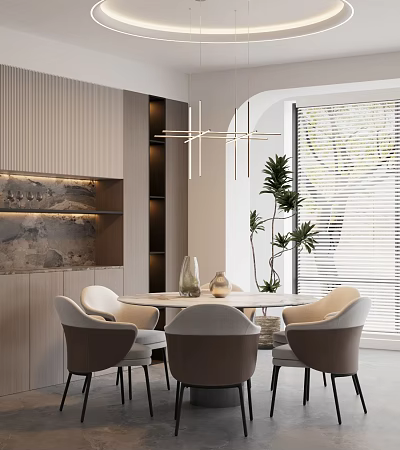 Elegant Modern Restaurant Interior With Round Dining Table Chairs Pendant Light And Green Plant 3d model