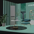 Modern Light Green Exhibition Booth With LOGO Plant Blue Chair Round Table And White Appliance
