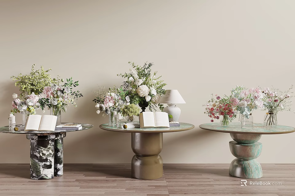 Modern Coffee Tables With Unique Base Design Featuring Flower Arrangement Books And Lamp 3d model 