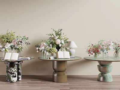 Modern Coffee Tables With Unique Base Design Featuring Flower Arrangement Books And Lamp 3d model