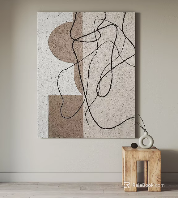 Abstract Wall Art With Geometric Lines Above Wooden Side Table 3d model