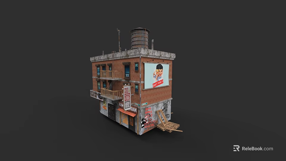 Old Brick Residential Building With Graffiti Billboard Balconies Chimney And Scaffolding 3d model 