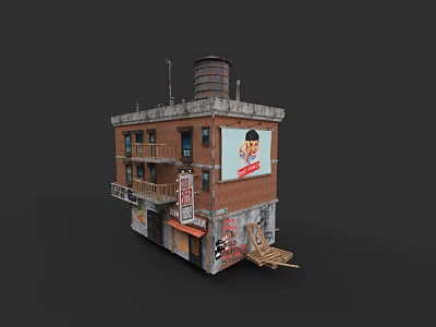 Old Brick Residential Building With Graffiti Billboard Balconies Chimney And Scaffolding 3d model