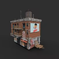 Old Brick Residential Building With Graffiti Billboard Balconies Chimney And Scaffolding