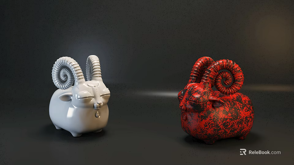White And Red Decorative Sheep Figurines With Spiral Horns For Home Decor 3d model 