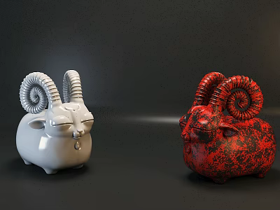 White And Red Decorative Sheep Figurines With Spiral Horns For Home Decor 3d model
