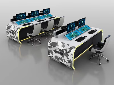 Camouflage Designed Functional Desk With Multiple Monitors And Chairs For Control Room 3d model