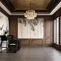 Traditional Chinese Dining and Living Room Interior Featuring Wooden Bookshelves TV Wall and Coffee Table