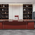 Modern Red Office Desk Workspace With Bookshelves Decorative Items And Red Chair