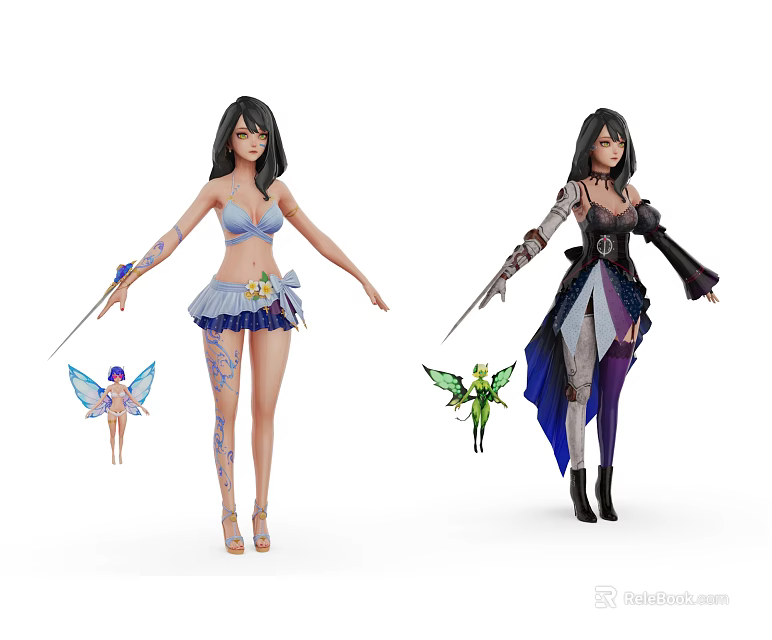 Game and Movie Female Characters Featuring Different Outfits Wings and Weapons 3d model 