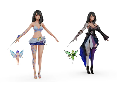 Game and Movie Female Characters Featuring Different Outfits Wings and Weapons 3d model