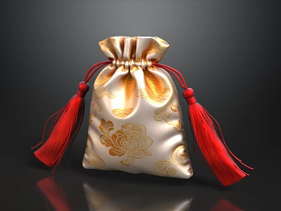 Luxurious Sofa And Coffee Table Set With Golden Floral Patterns And Red Tassels 3d model