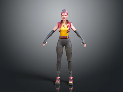 3D Character With Pink Hair Yellow Top Red Vest Black Gloves And Red Shoes 3d model