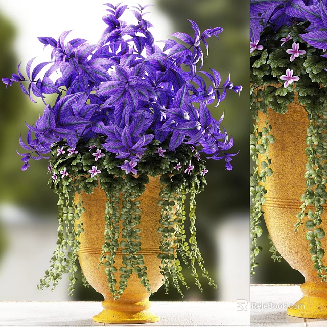 Lush Purple Hanging Flowers In Yellow Planter With Green Vines And Small Blooms 3d model 