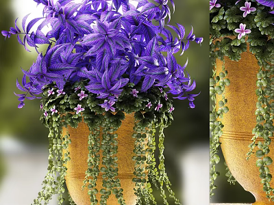 Lush Purple Hanging Flowers In Yellow Planter With Green Vines And Small Blooms 3d model