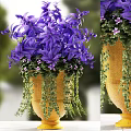 Lush Purple Hanging Flowers In Yellow Planter With Green Vines And Small Blooms