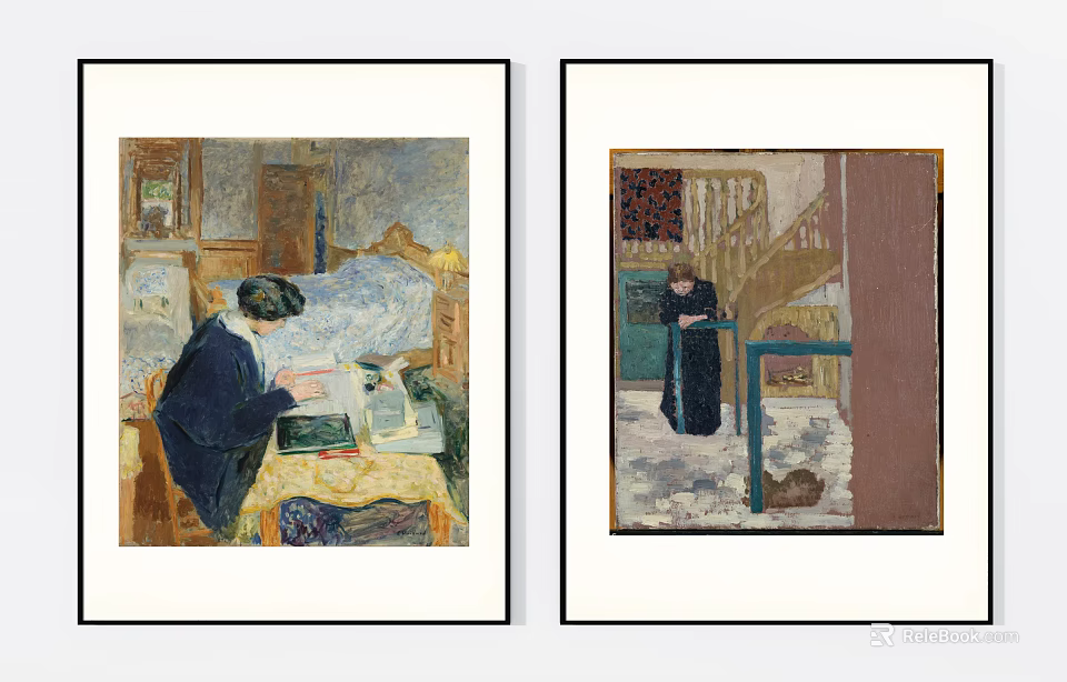 Two Framed Figure Paintings Depicting Indoor Scenes With Reading Person Staircase Figure And Cat 3d model 