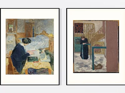 Two Framed Figure Paintings Depicting Indoor Scenes With Reading Person Staircase Figure And Cat 3d model