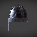 Medieval Dark Colored Metal Helmet Featuring Detailed Rivets and Back Flap Vintage Design