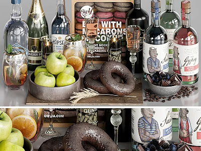 Assorted Food Display With Fresh Apples Oranges Chocolate Donuts Wheat Nuts And Drinks 3d model