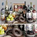 Assorted Food Display With Fresh Apples Oranges Chocolate Donuts Wheat Nuts And Drinks