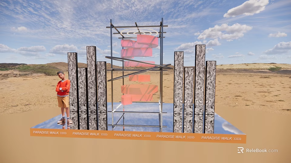 Outdoor Art Installation With Metal Frame Red Elements And Vertical Panels On Sandy Ground 3d model 